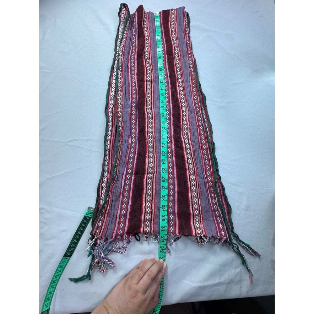 Boho Hand Woven Striped Fringed Scarf Burgundy Purple Green Geometric Pattern